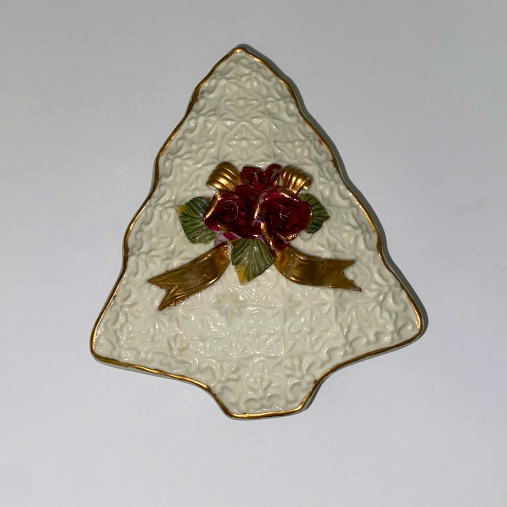 Vintage Trinket box bone color porcelain dark rose raised bow w/ gold